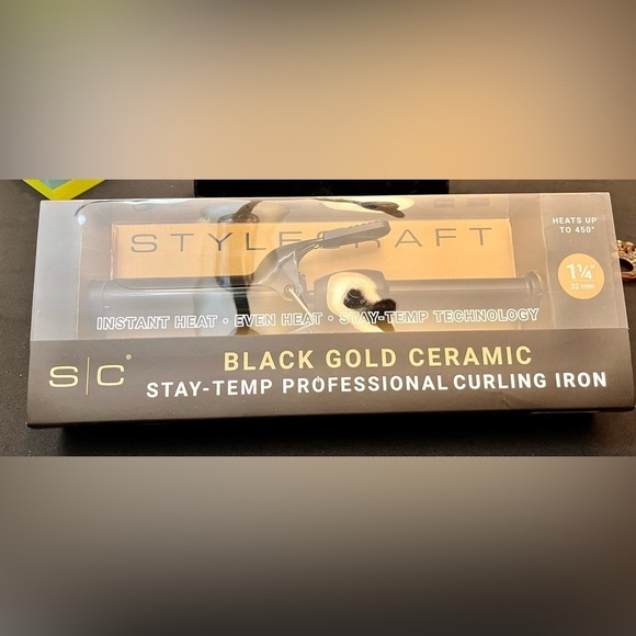 Stylecraft Black Gold Ceramic Stay-Temp Professional Curling Iron NIB 1 1/4” - Picture 2 of 11